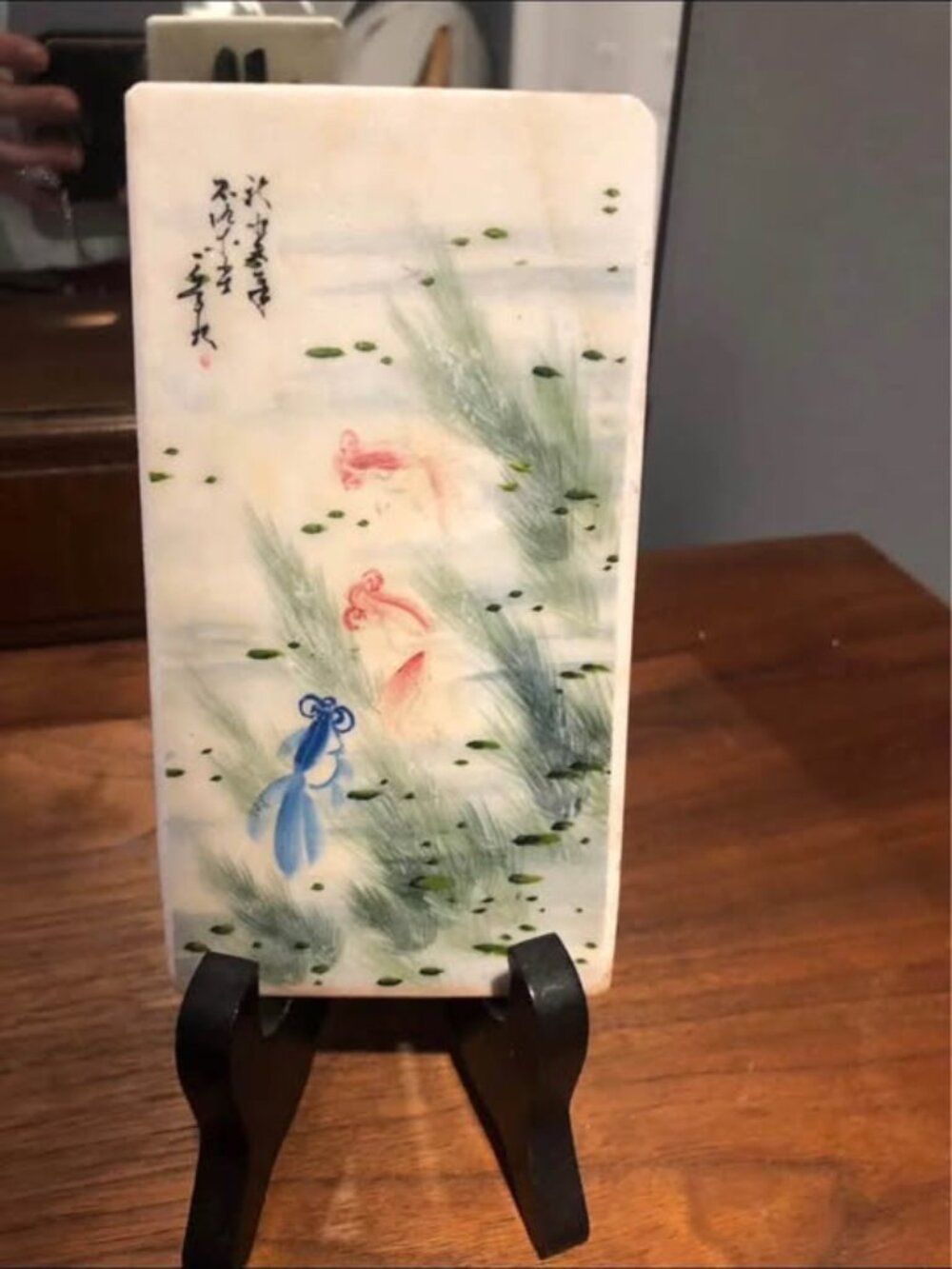 Vintage Chinese Painted Stone Plaque with Stand